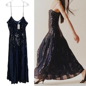 J.Crew x Christopher John Rogers Pleated Dress Long Sequined Navy